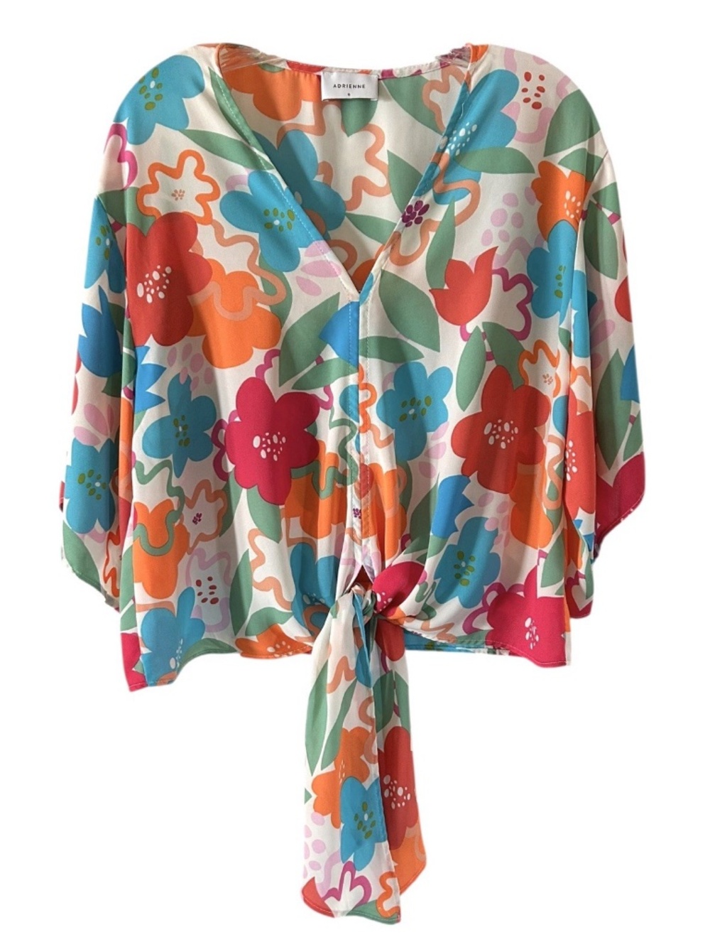 Adrienne Women’s Small Fresh Floral Wide Sleeve Front Tie Relaxed Blouse